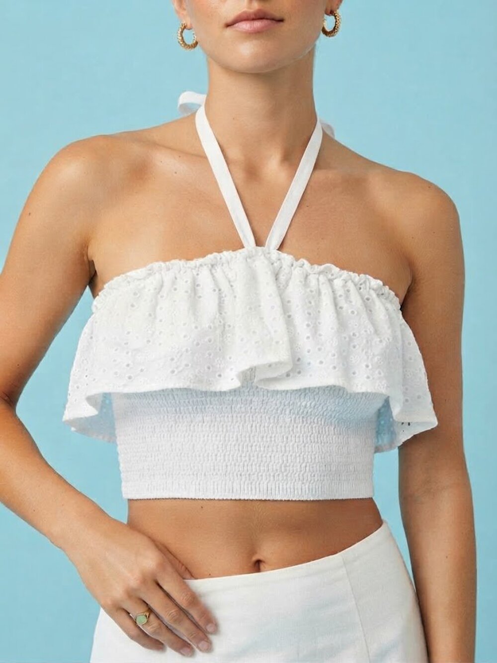 Zara White Eyelet Ribbon Halter Crop Top